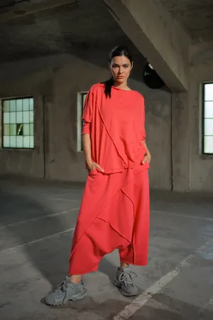 Avant garde drop crotch cotton pants with asymetrical seams