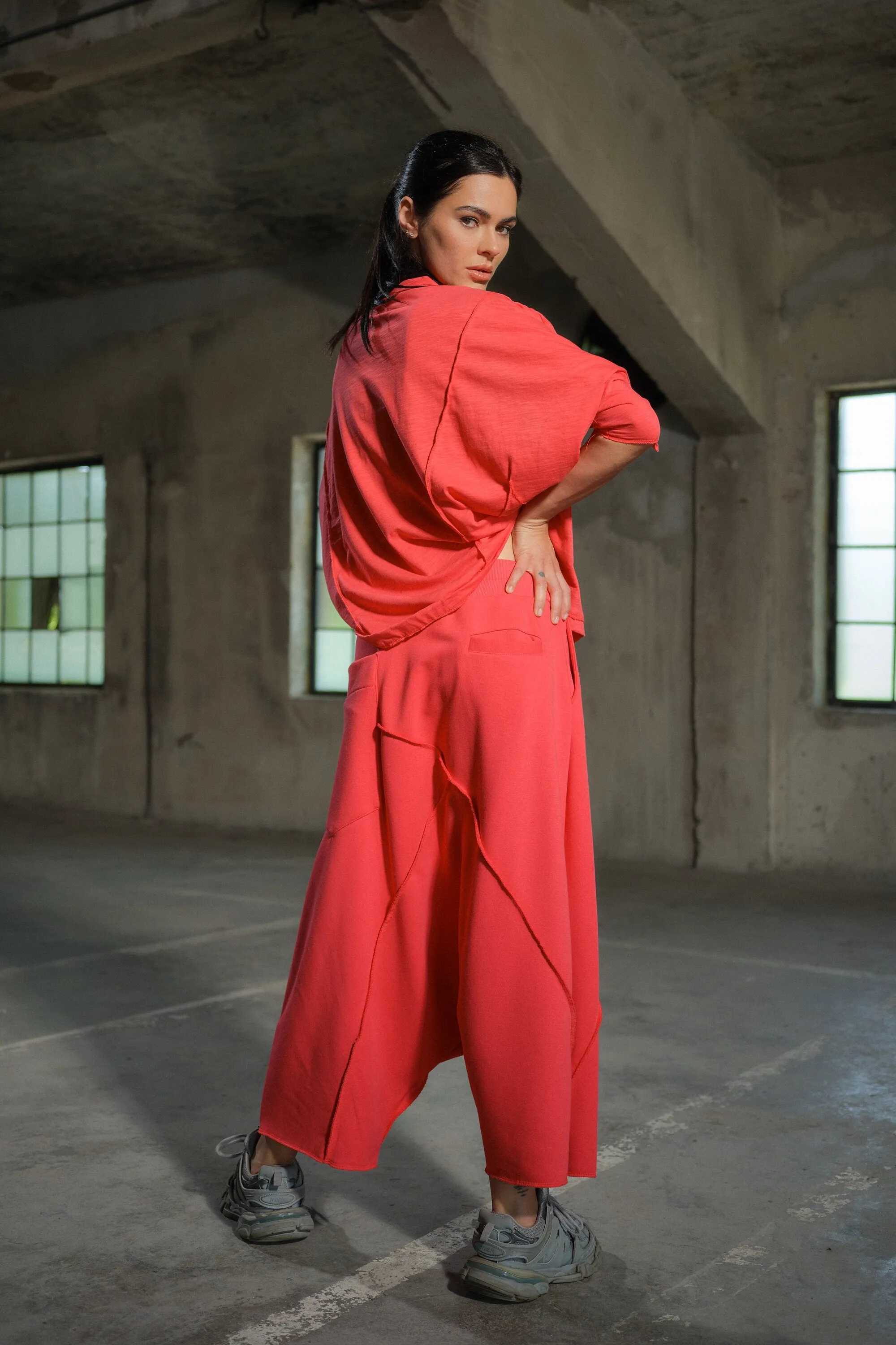 Avant garde drop crotch cotton pants with asymetrical seams