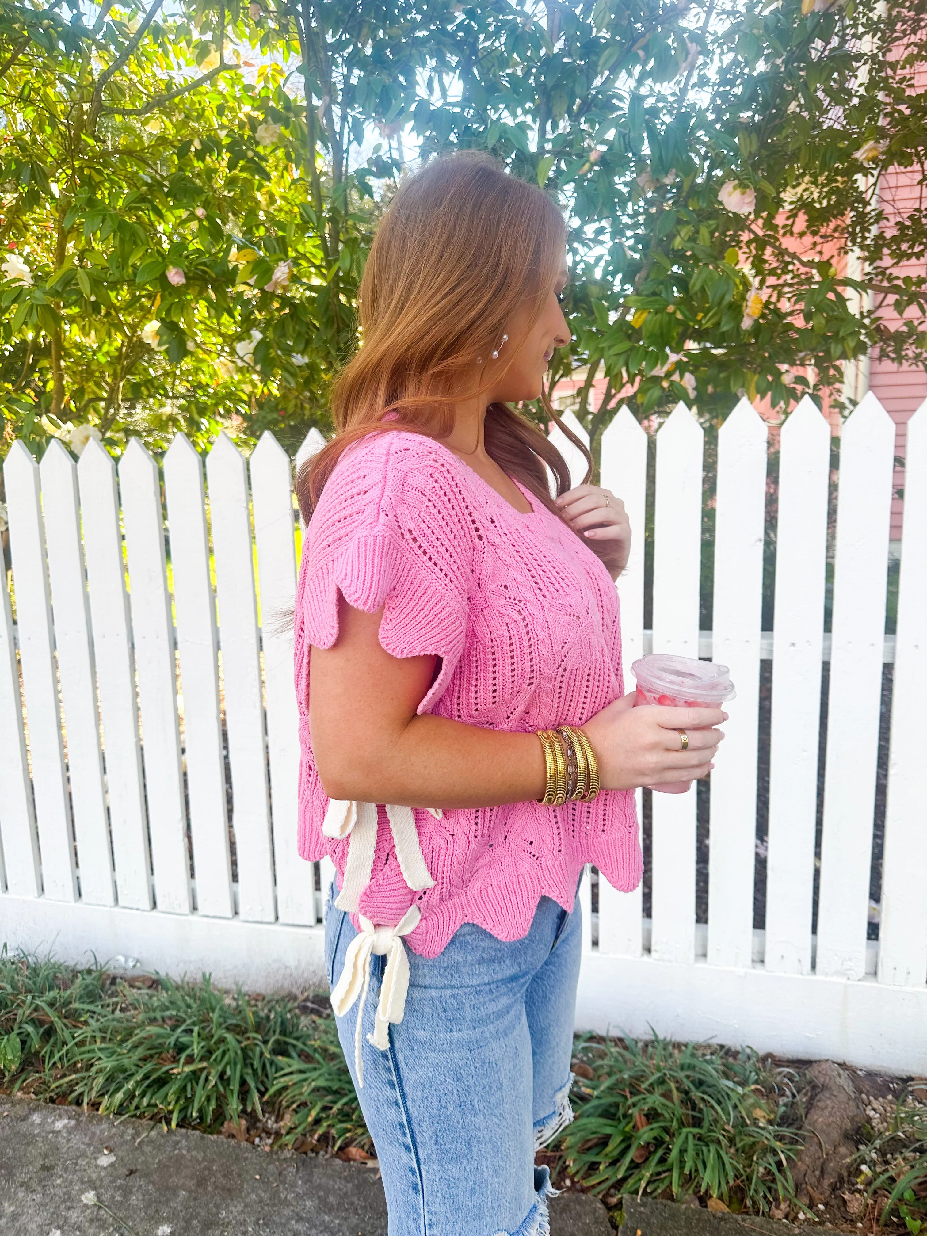 Babe Scallop Side Tie Sleeveless Sweater-Pink
