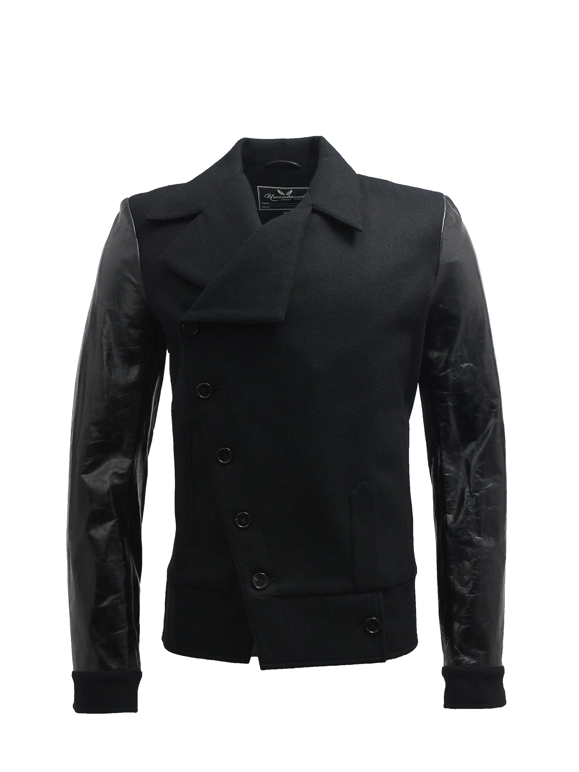 Black Wool Button Up Jacket With Leather Sleeves
