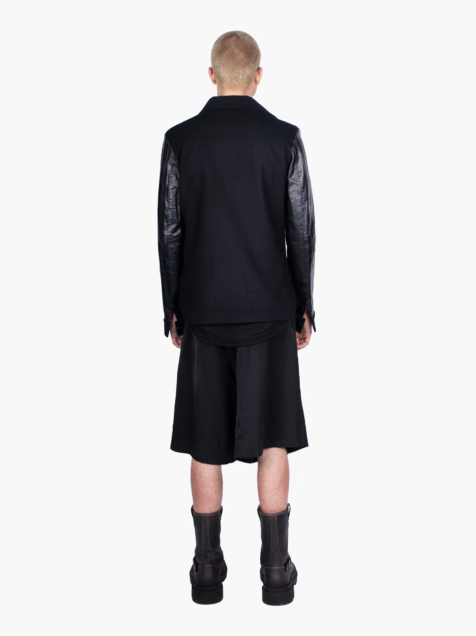 Black Wool Button Up Jacket With Leather Sleeves