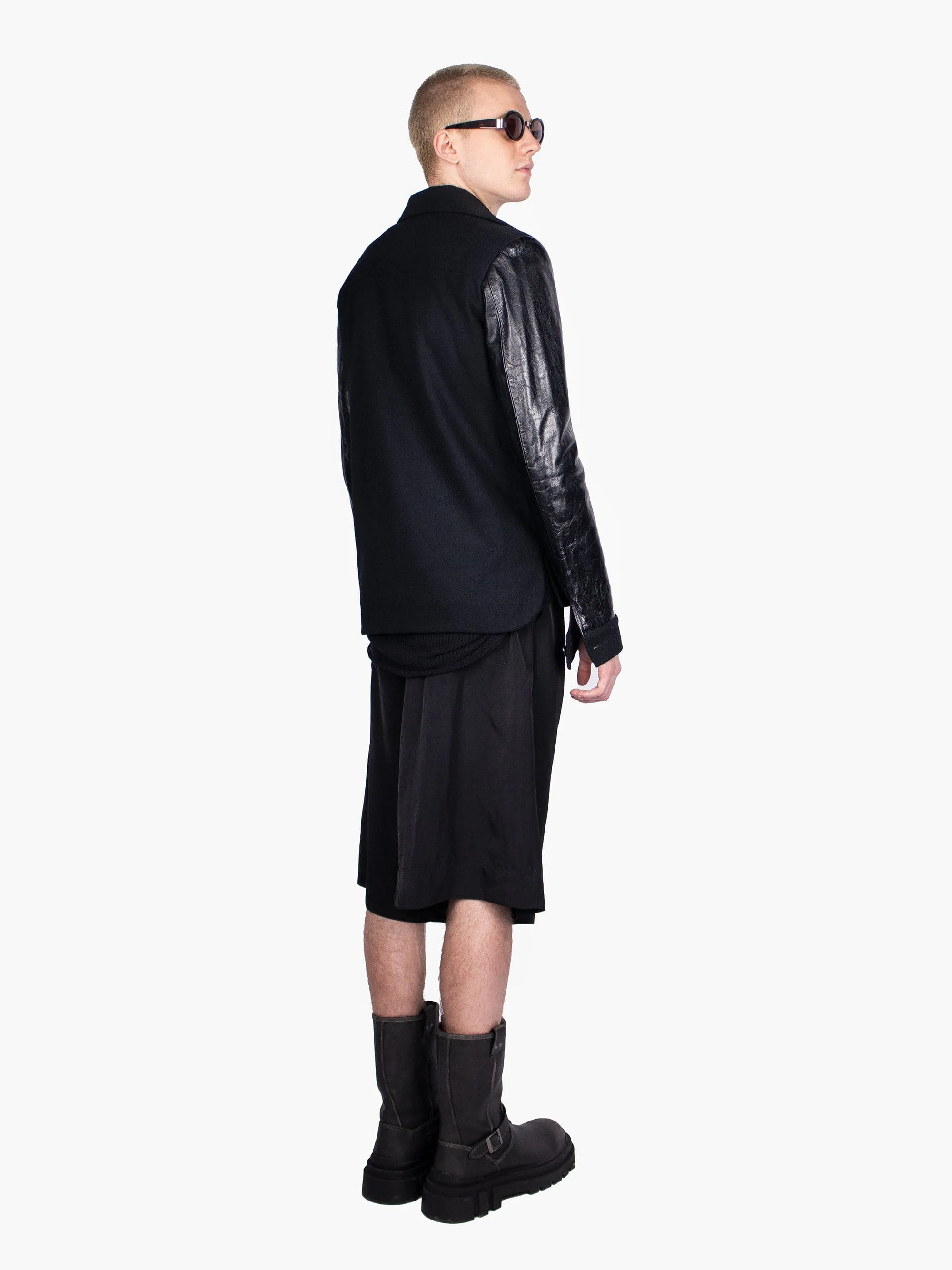 Black Wool Button Up Jacket With Leather Sleeves