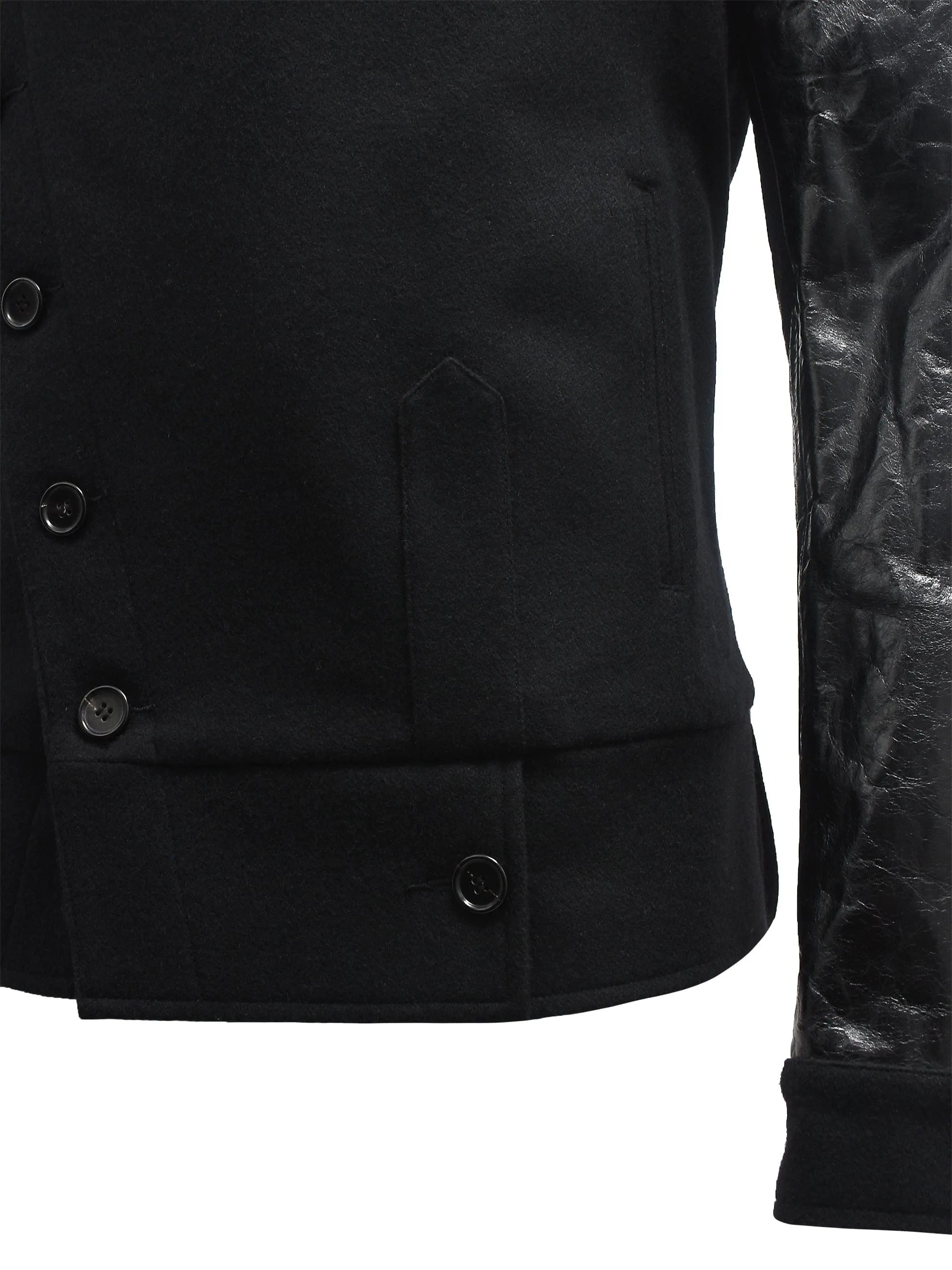 Black Wool Button Up Jacket With Leather Sleeves
