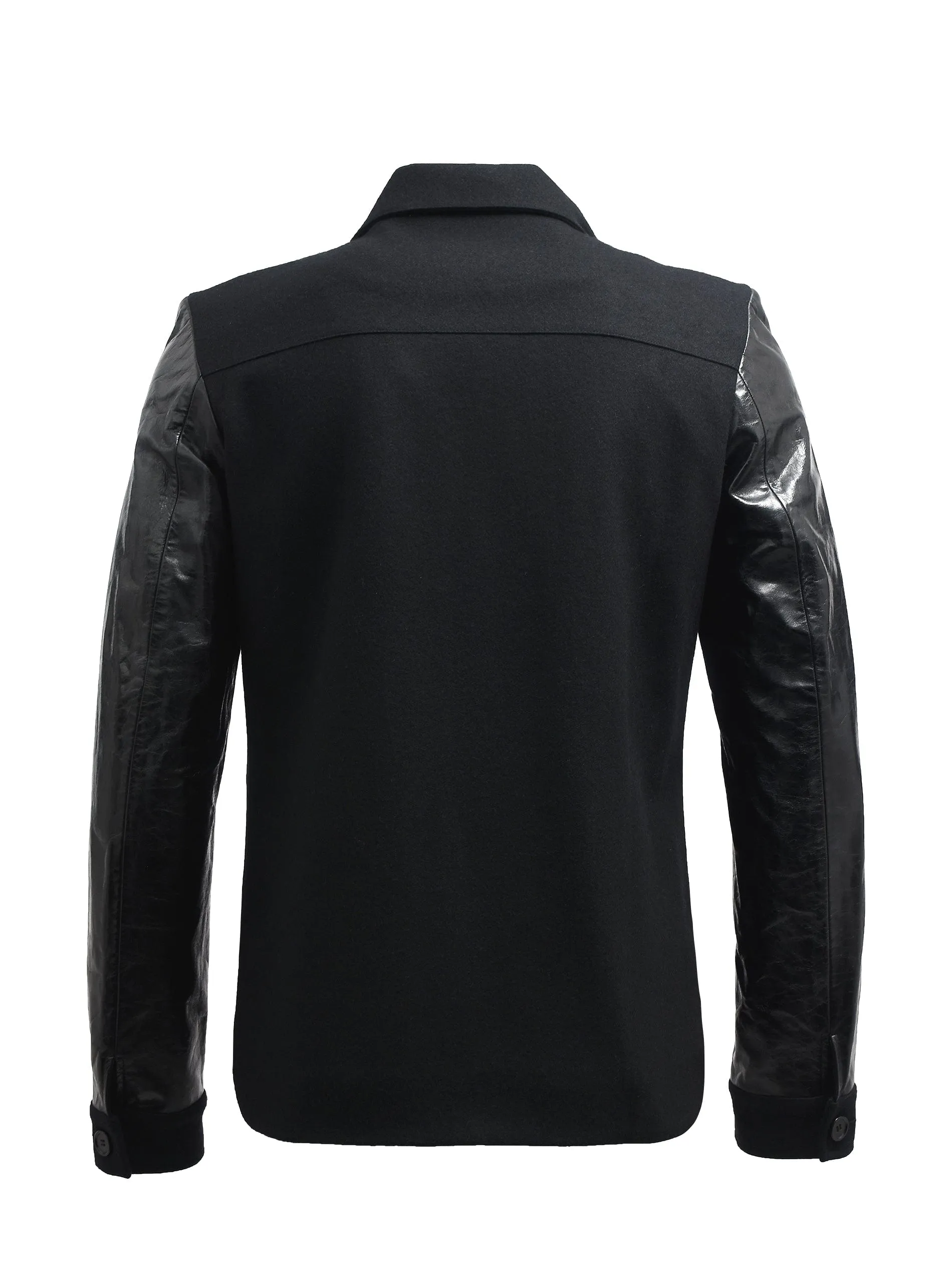Black Wool Button Up Jacket With Leather Sleeves