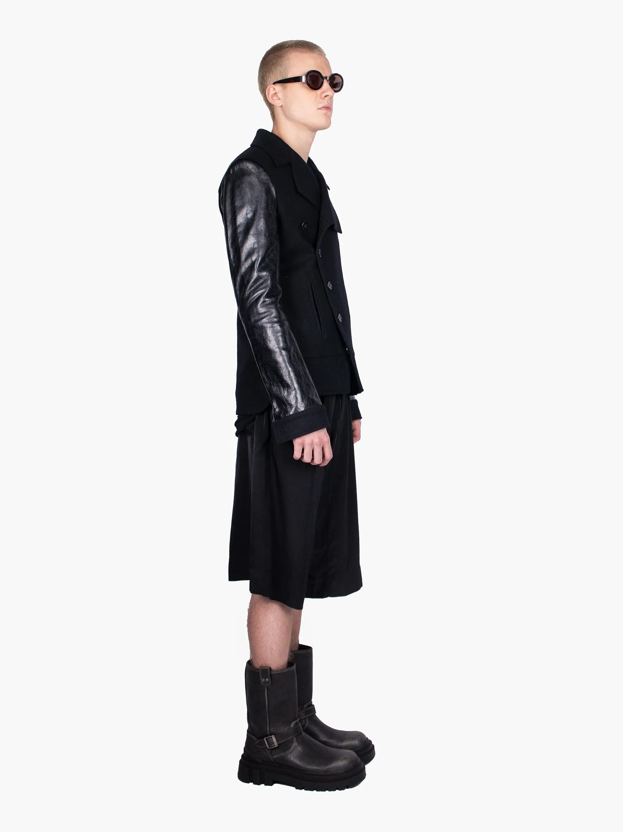Black Wool Button Up Jacket With Leather Sleeves