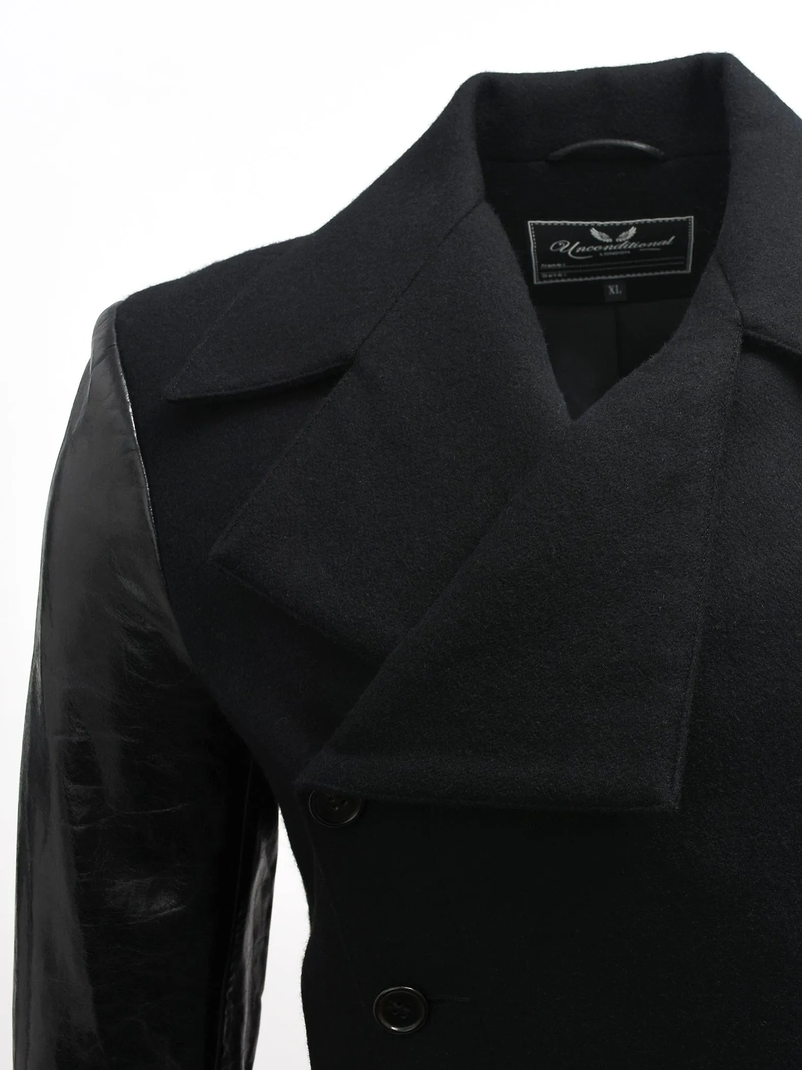Black Wool Button Up Jacket With Leather Sleeves