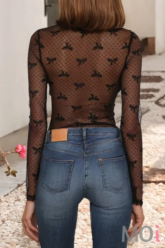 Bow Pattern Accent Mesh Long Sleeve Top