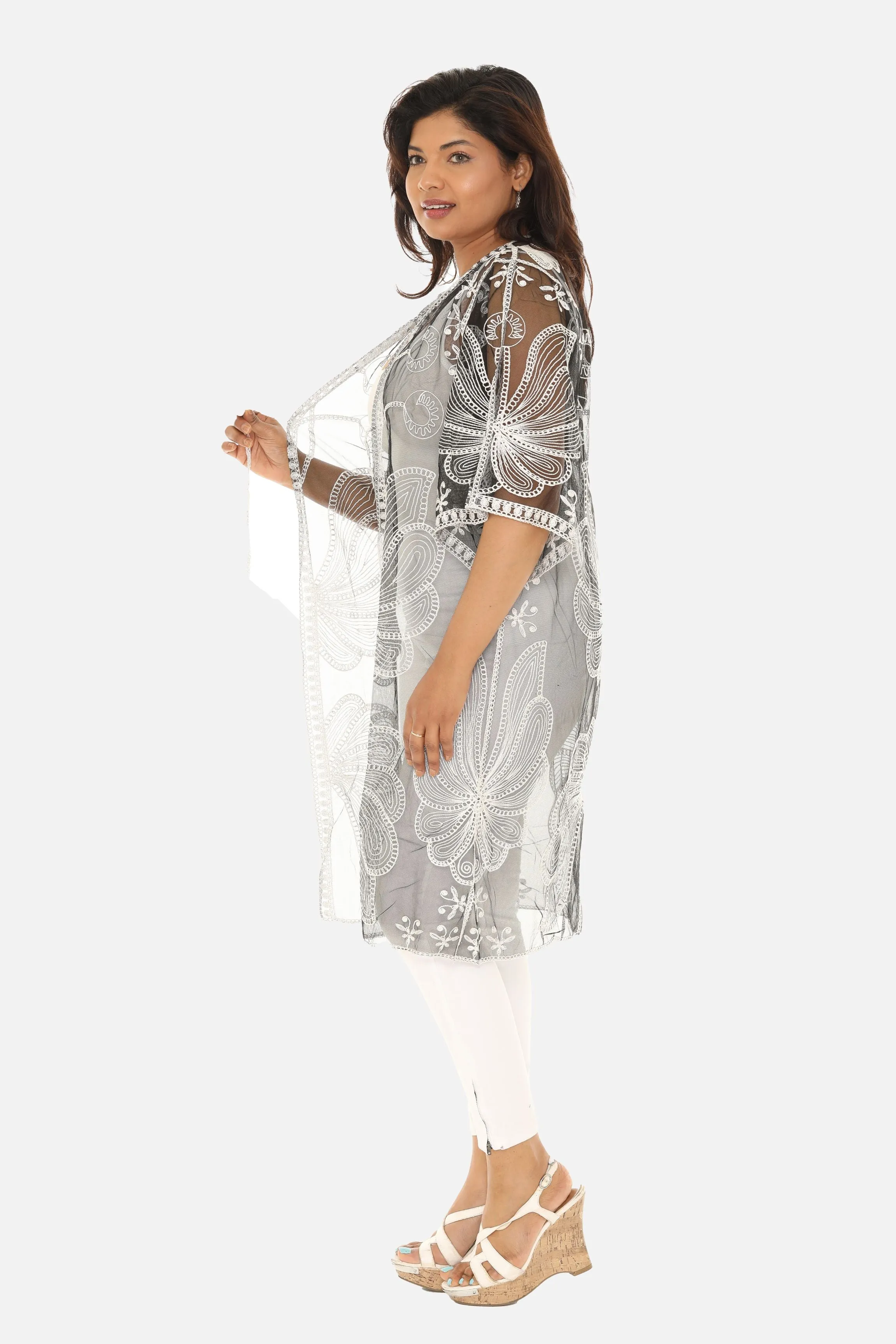 Butterfly Pattern Long Cover-Up with Tie-Knot Closure