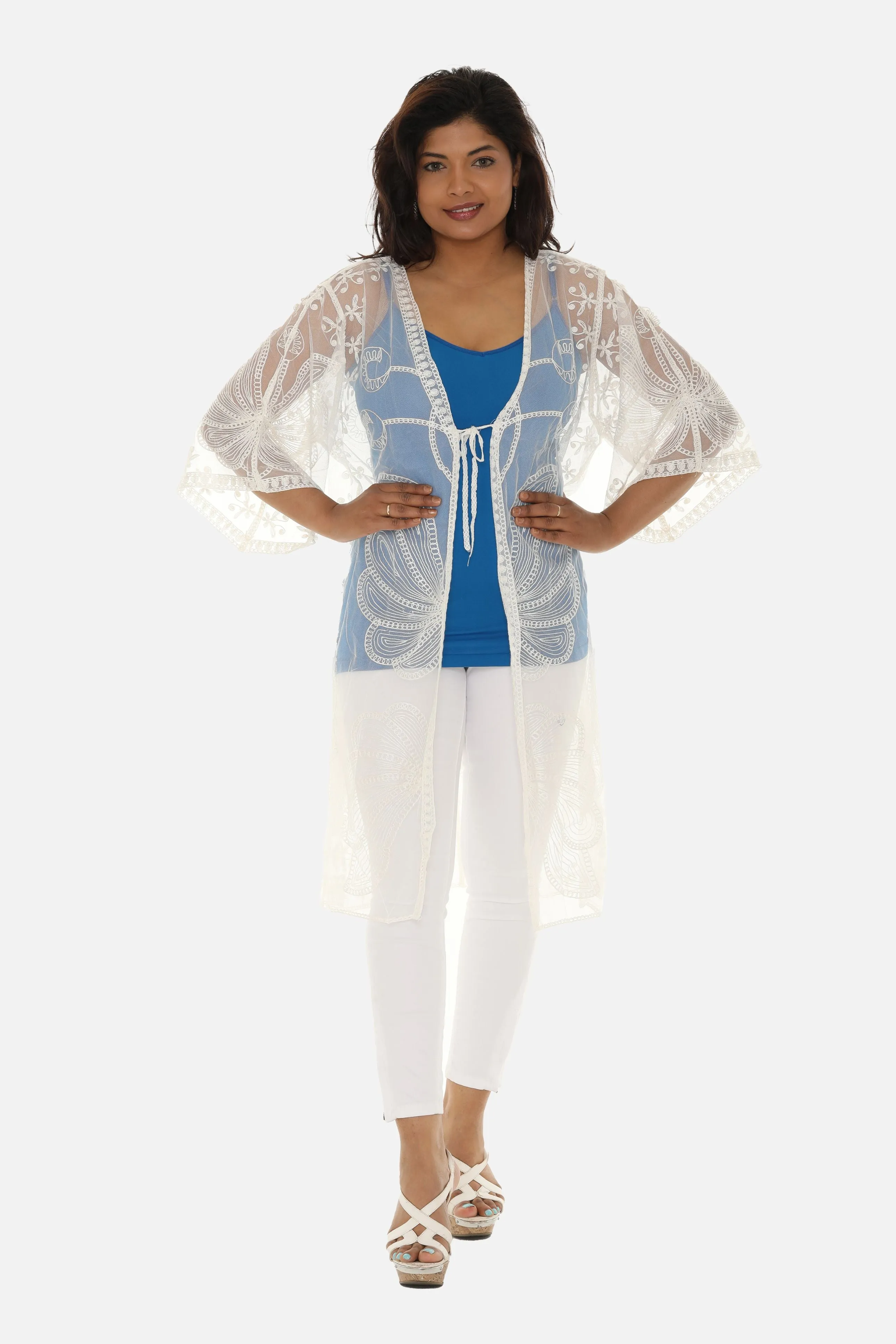 Butterfly Pattern Long Cover-Up with Tie-Knot Closure