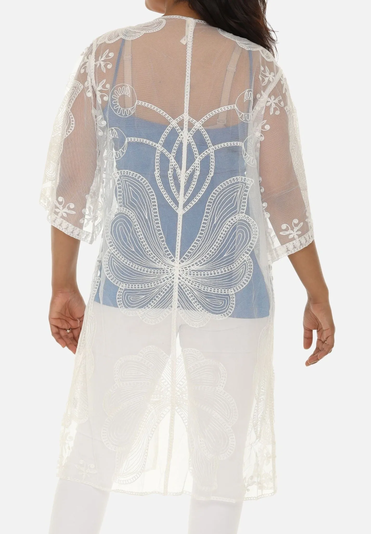 Butterfly Pattern Long Cover-Up with Tie-Knot Closure