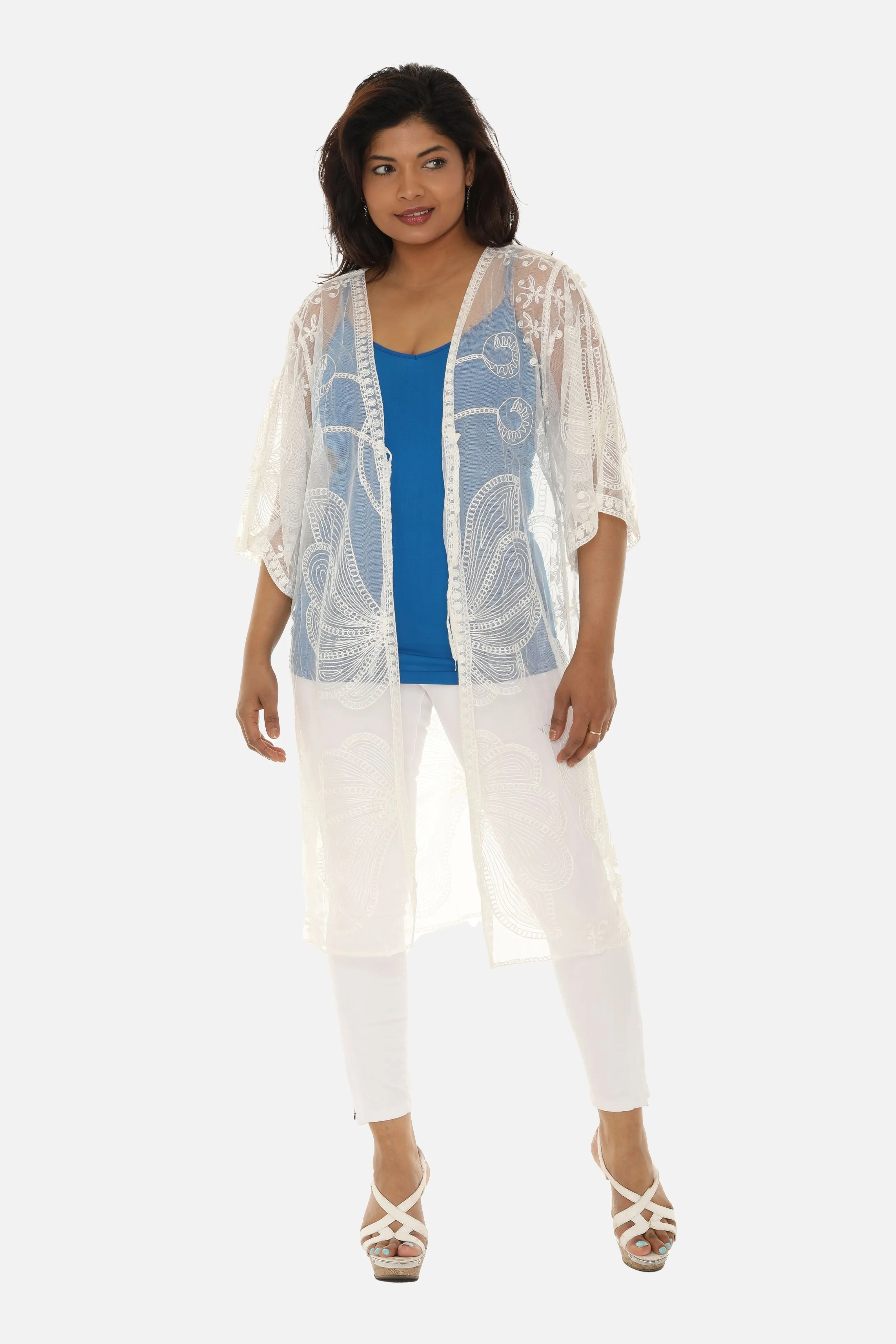 Butterfly Pattern Long Cover-Up with Tie-Knot Closure