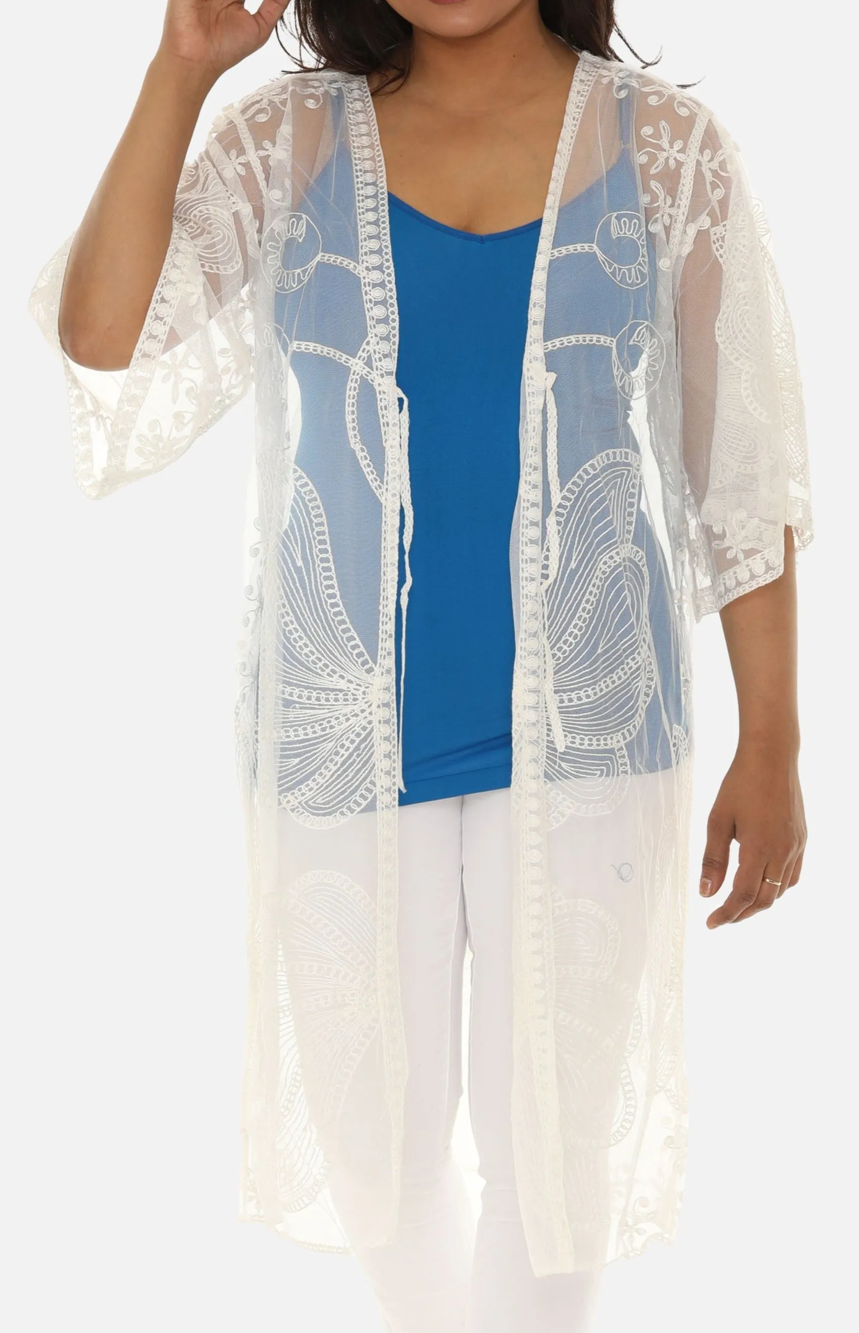 Butterfly Pattern Long Cover-Up with Tie-Knot Closure