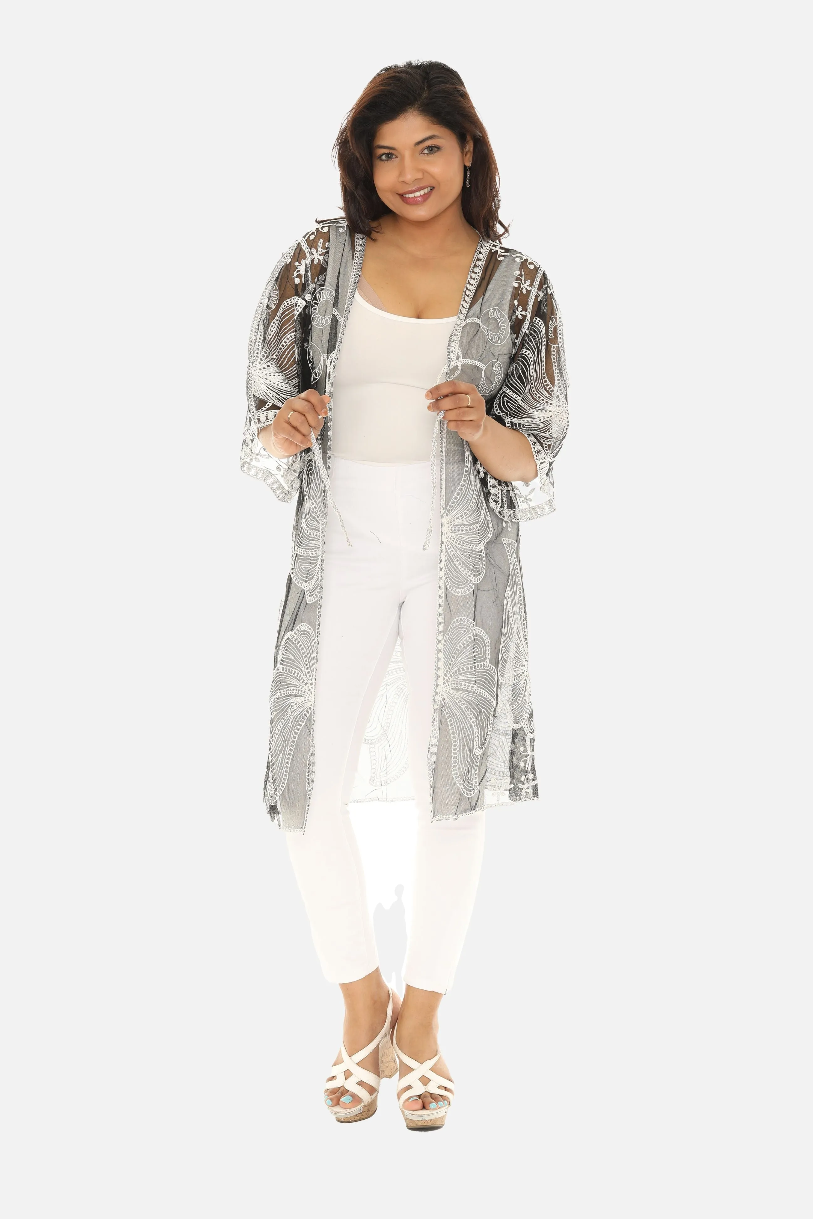 Butterfly Pattern Long Cover-Up with Tie-Knot Closure