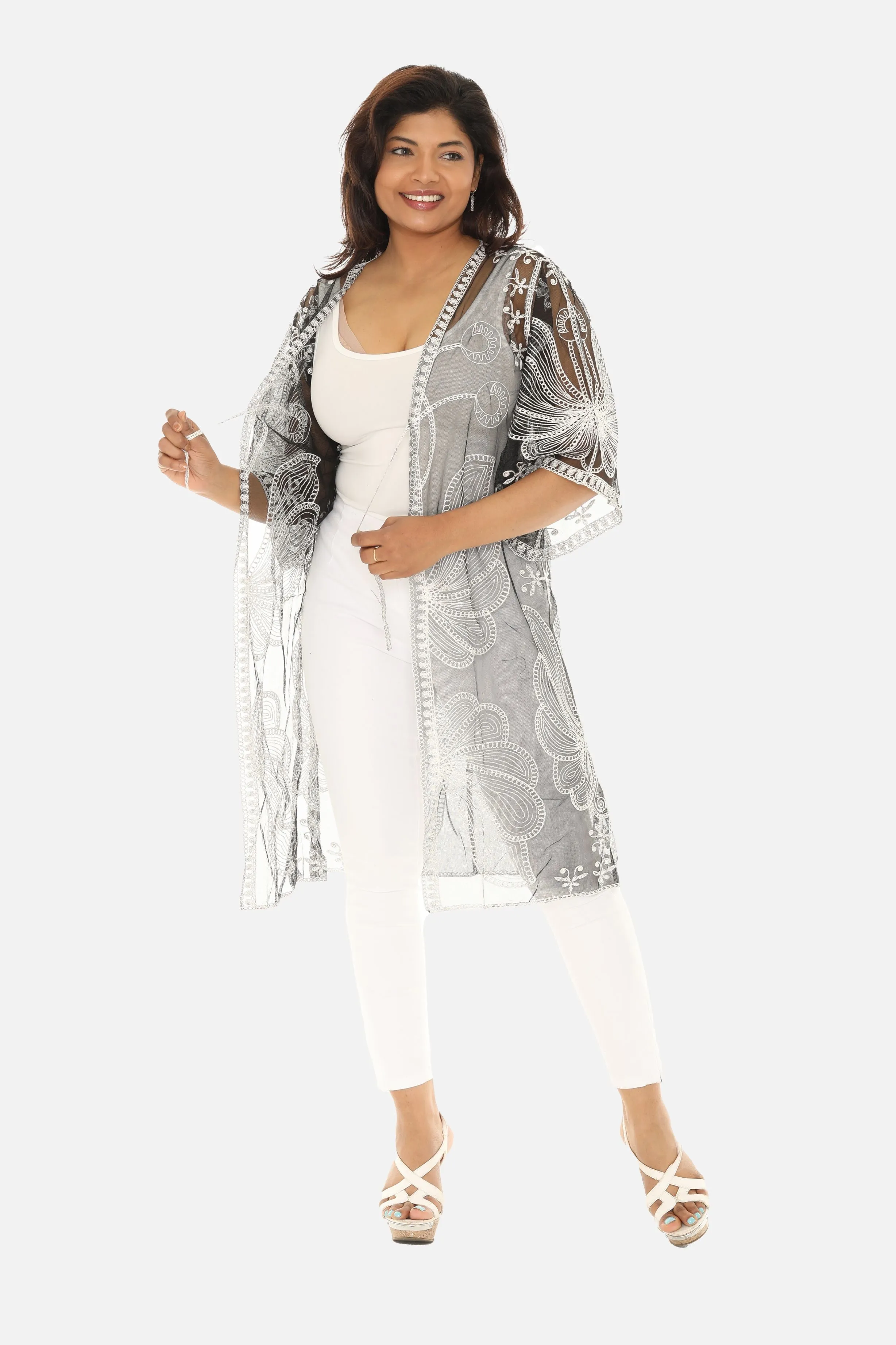 Butterfly Pattern Long Cover-Up with Tie-Knot Closure