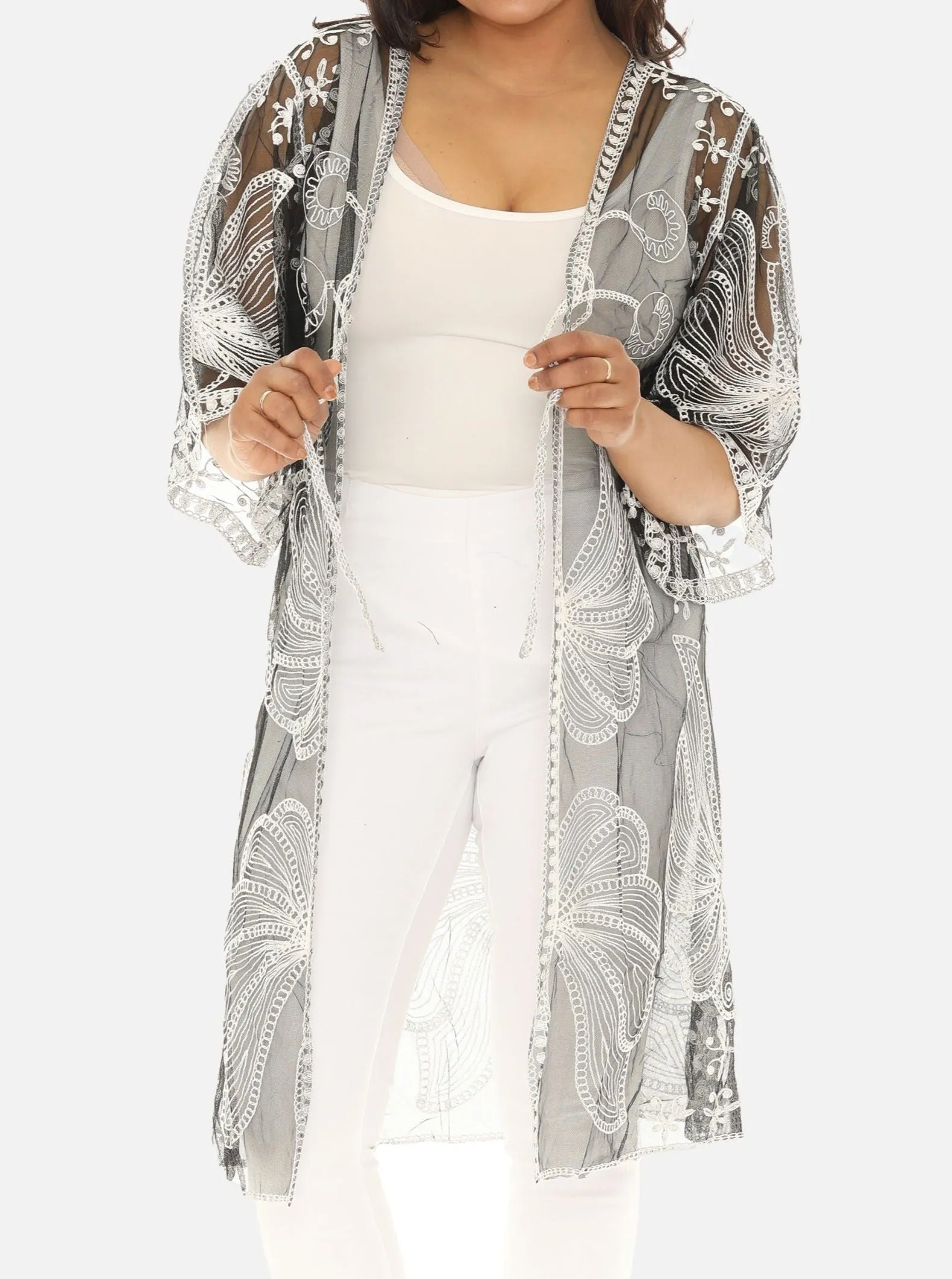 Butterfly Pattern Long Cover-Up with Tie-Knot Closure