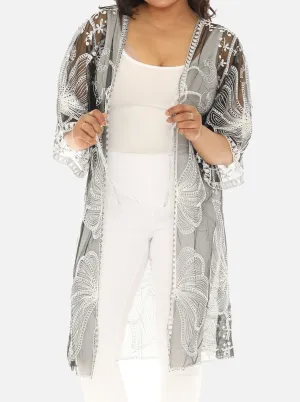 Butterfly Pattern Long Cover-Up with Tie-Knot Closure