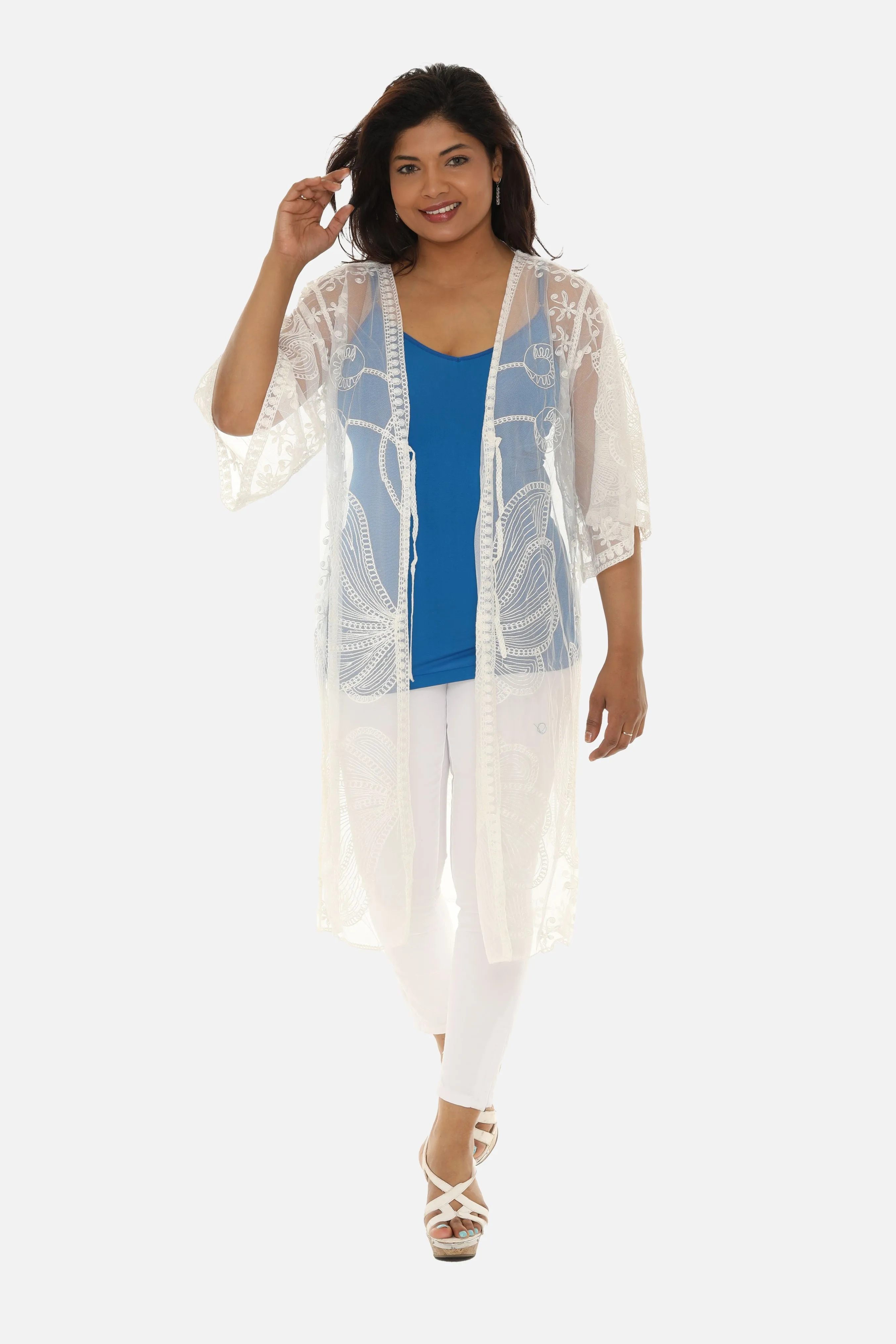 Butterfly Pattern Long Cover-Up with Tie-Knot Closure