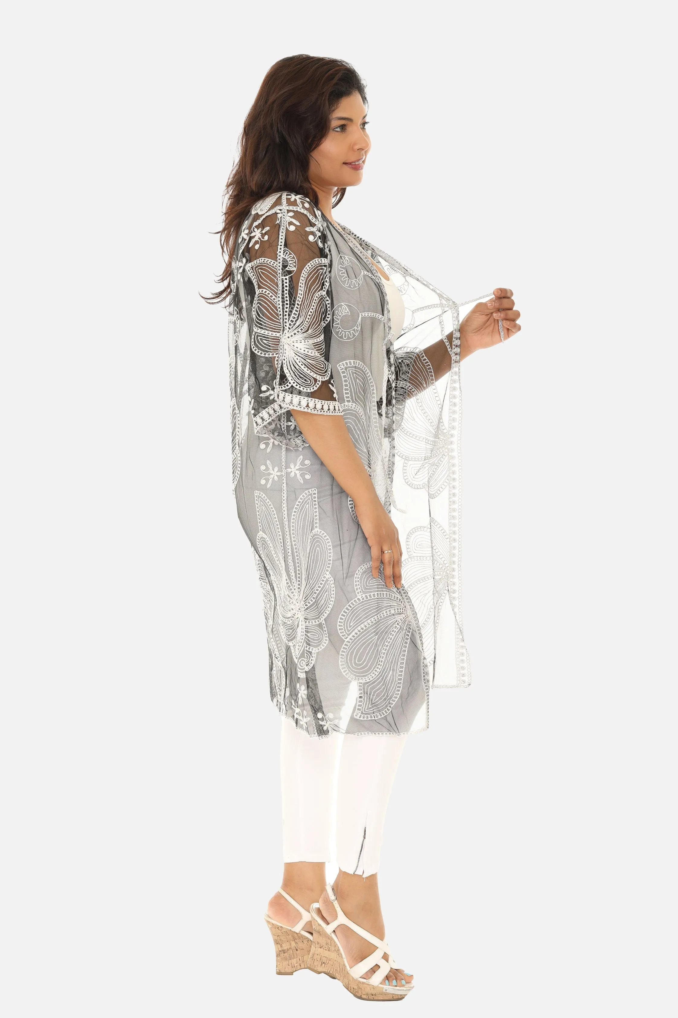 Butterfly Pattern Long Cover-Up with Tie-Knot Closure