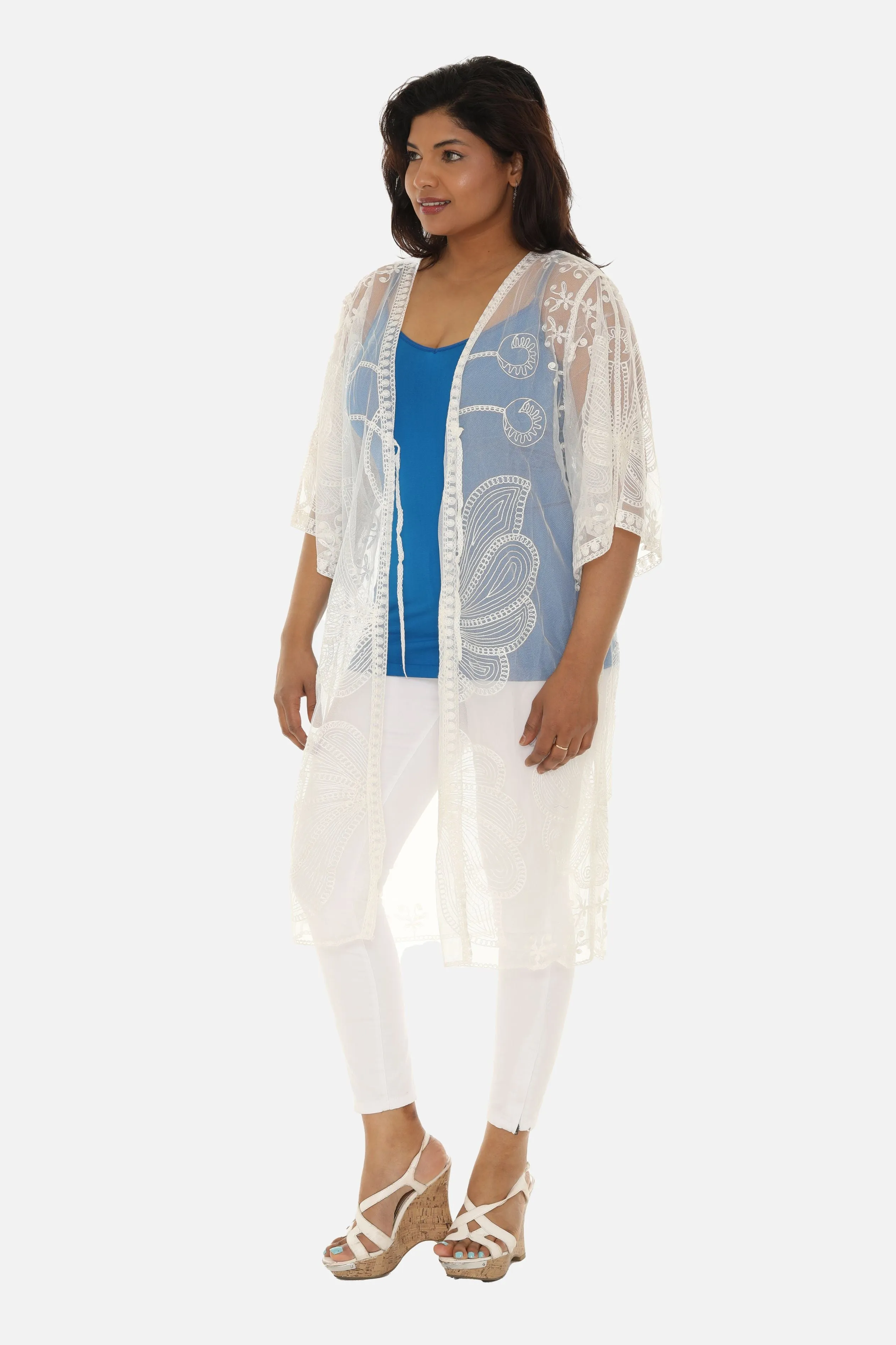 Butterfly Pattern Long Cover-Up with Tie-Knot Closure