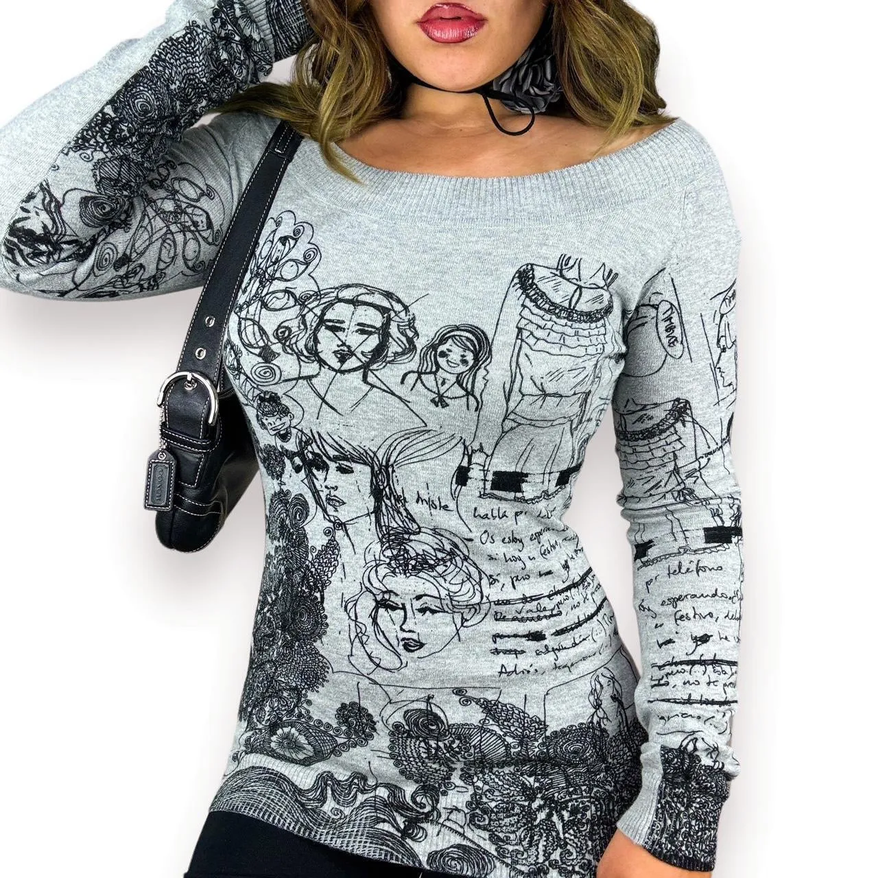 Desigual 2000s Off the Shoulder Graphic Knit (M)
