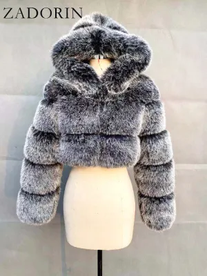 Faux Fur Vintage Cropped Solid Color Long Sleeve Women's Hooded Jacket