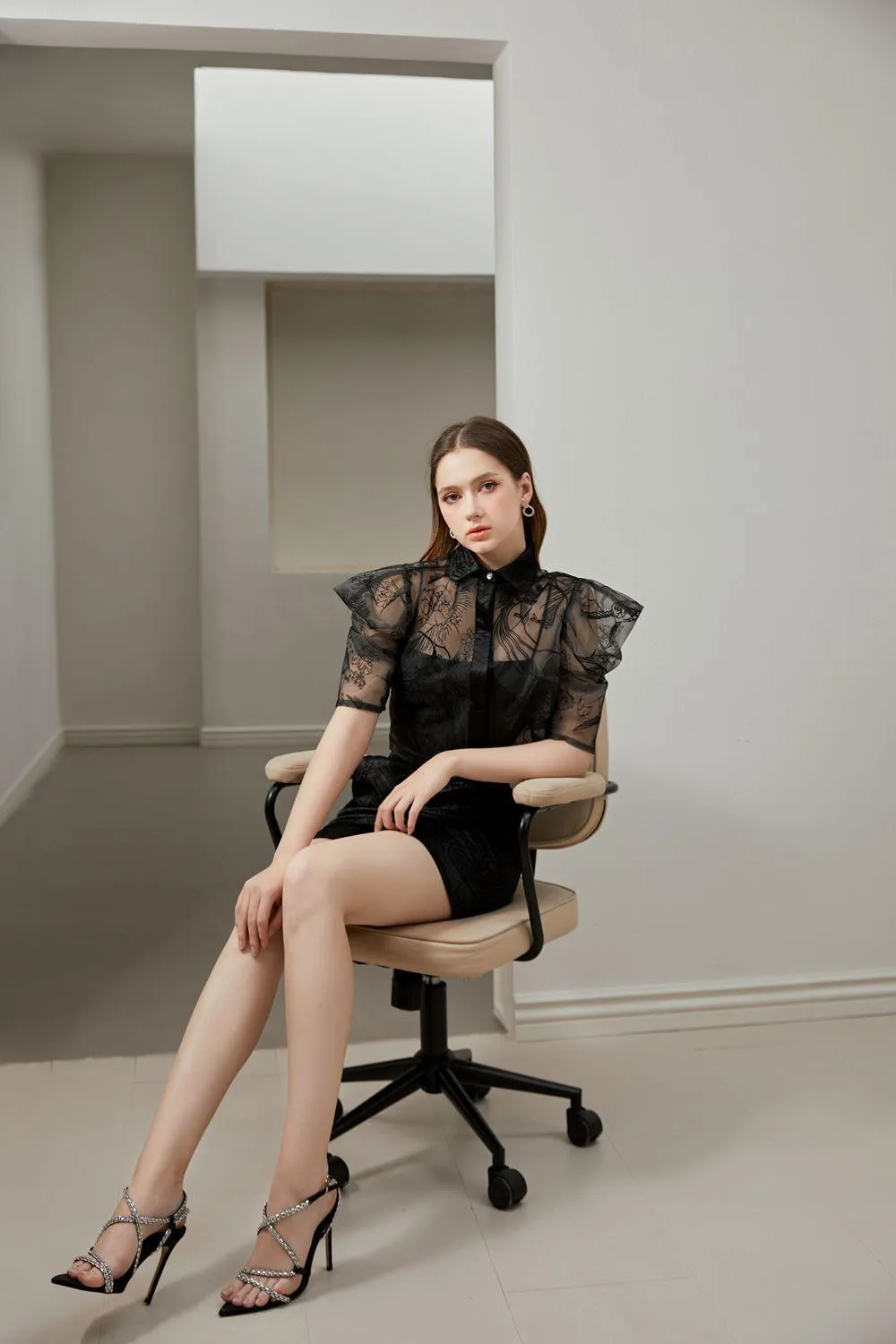 Fula Cropped Puffy Sleeved Mesh Shirt