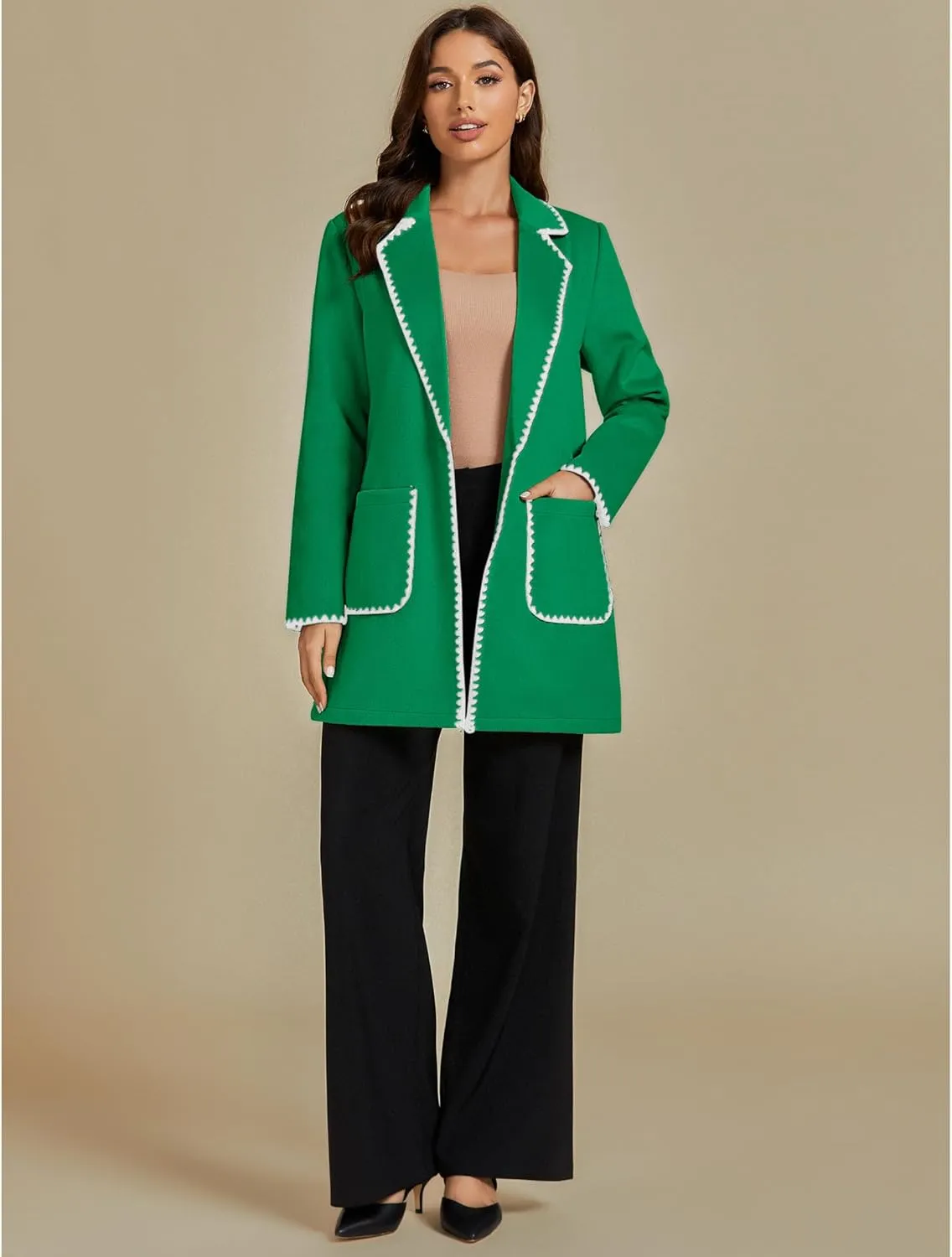 luvamia Pea Coats for Women Trendy Embroidered Contrast Trim Long Peacoat Jackets Lapel Button Winter Coat with Pockets