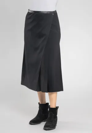 Masha Black A Line Split Midi Skirt - Chic Italian Viscose Fabric with Eco-Leather Waistband, Made in Italy