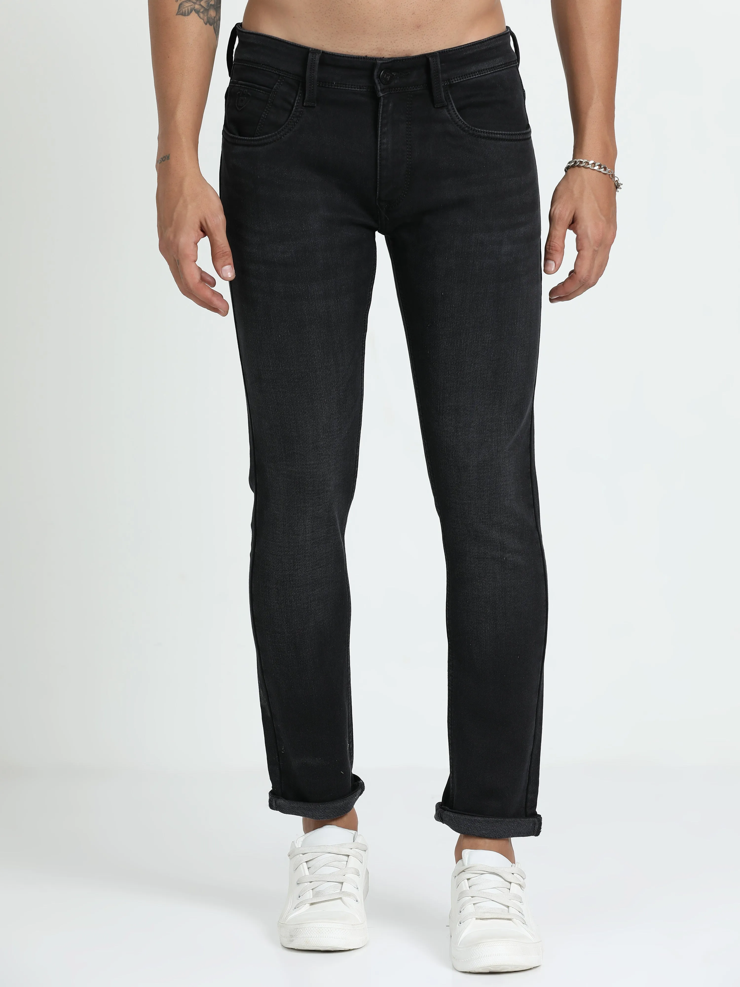 Men's Dark Grey Relaxed Denim Ankle fit Solid Jeans