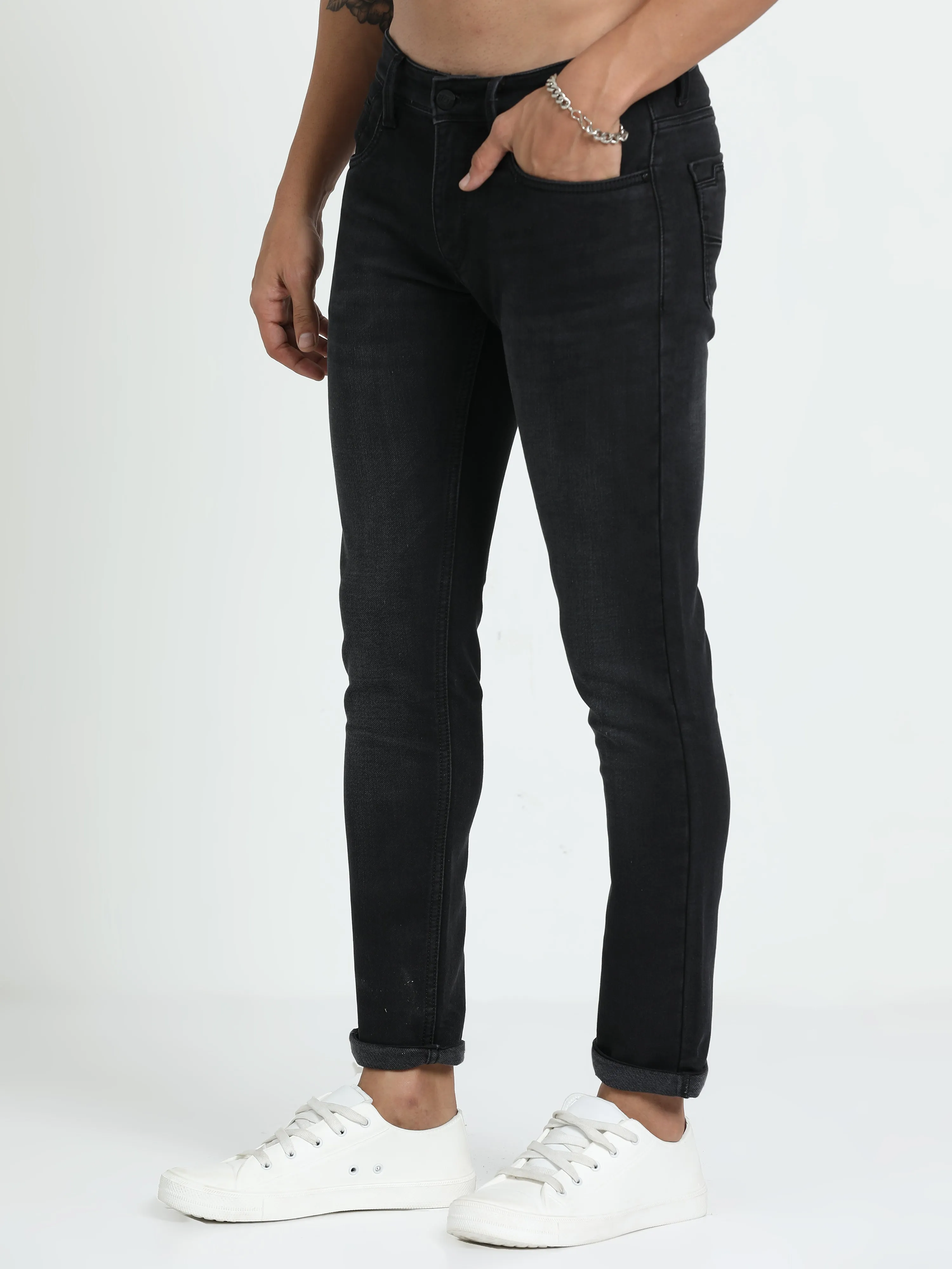 Men's Dark Grey Relaxed Denim Ankle fit Solid Jeans