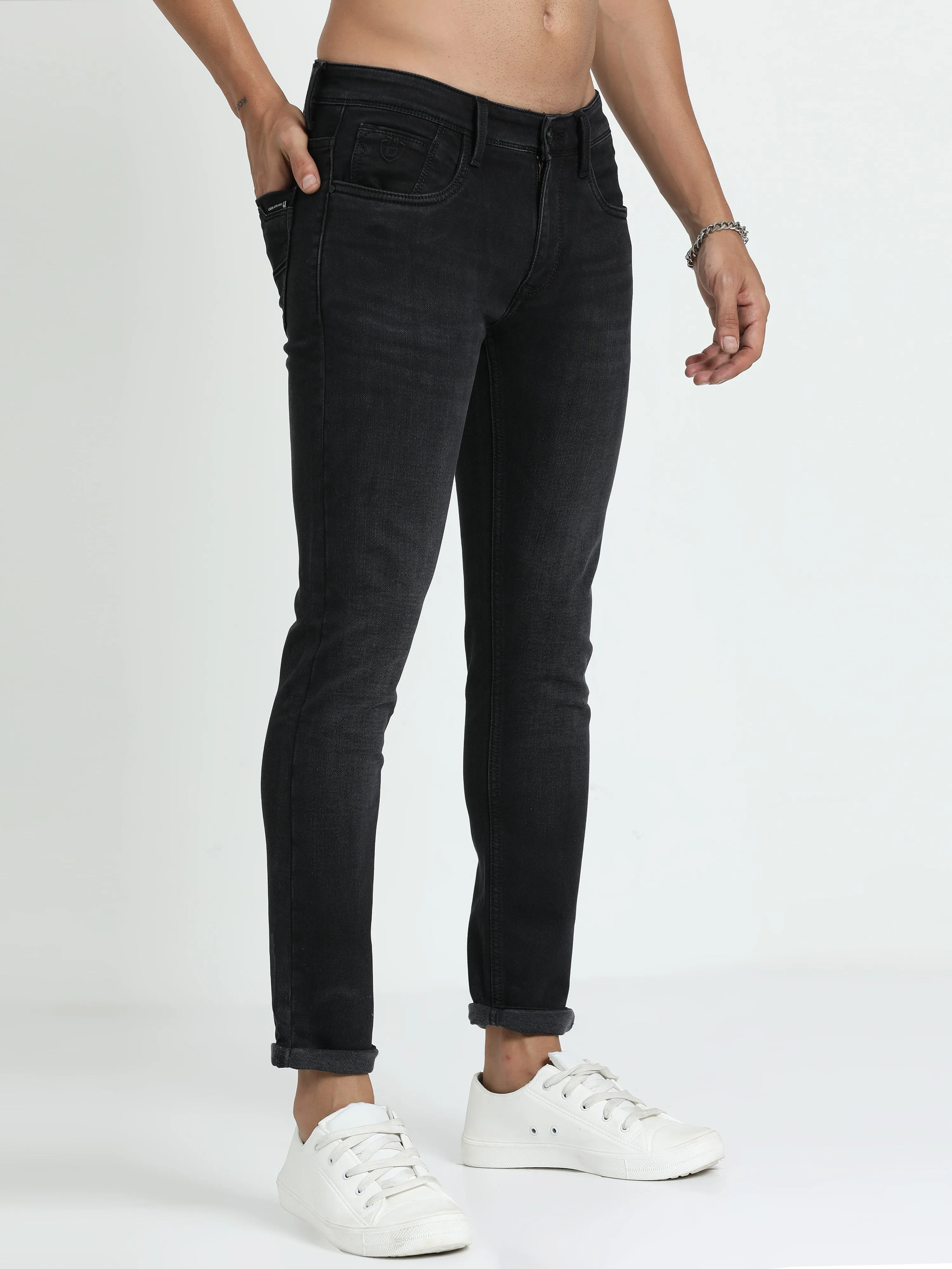 Men's Dark Grey Relaxed Denim Ankle fit Solid Jeans