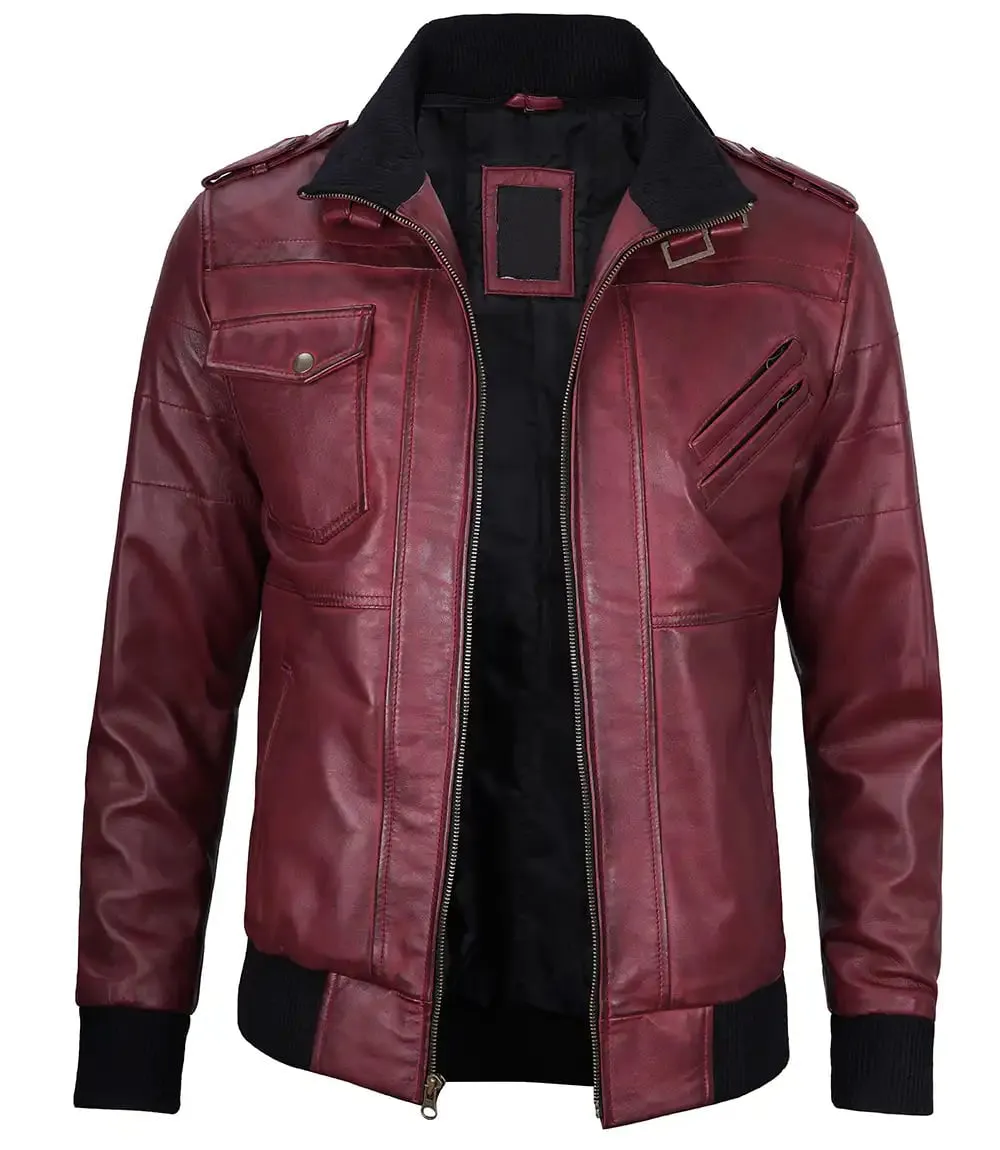 Mens Maroon Leather Jacket with Removable Hood