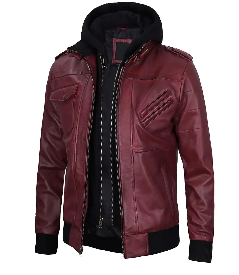 Mens Maroon Leather Jacket with Removable Hood
