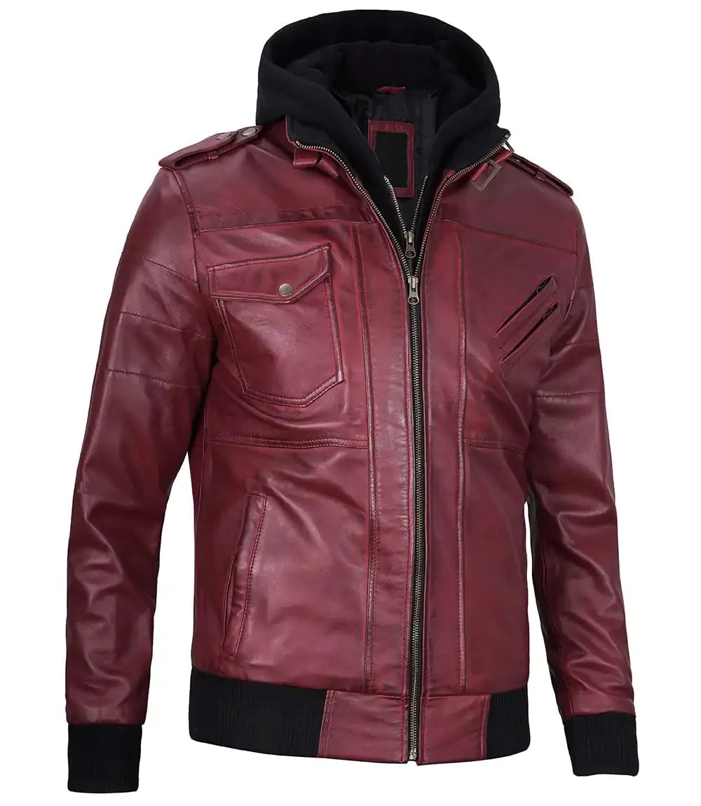 Mens Maroon Leather Jacket with Removable Hood