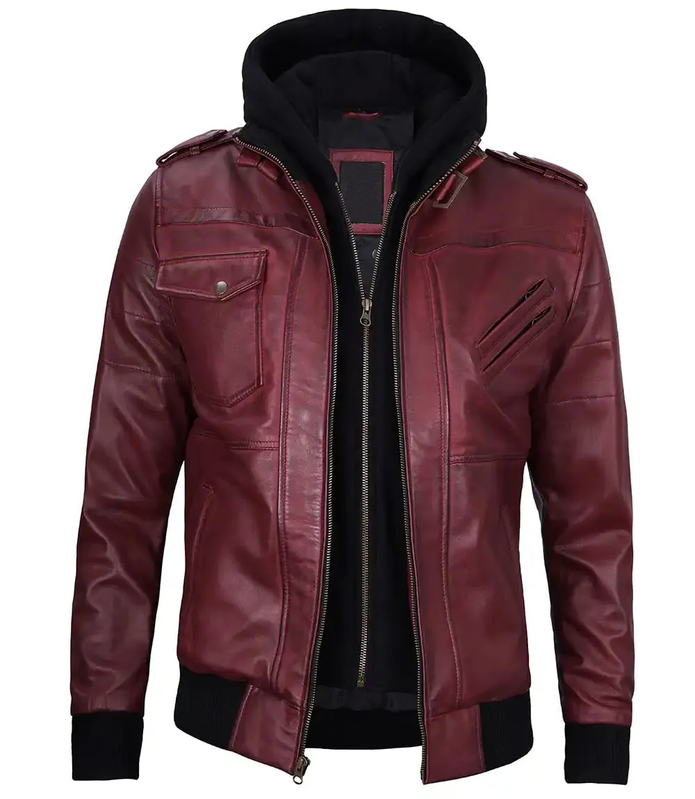 Mens Maroon Leather Jacket with Removable Hood