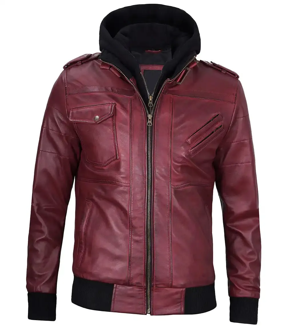 Mens Maroon Leather Jacket with Removable Hood