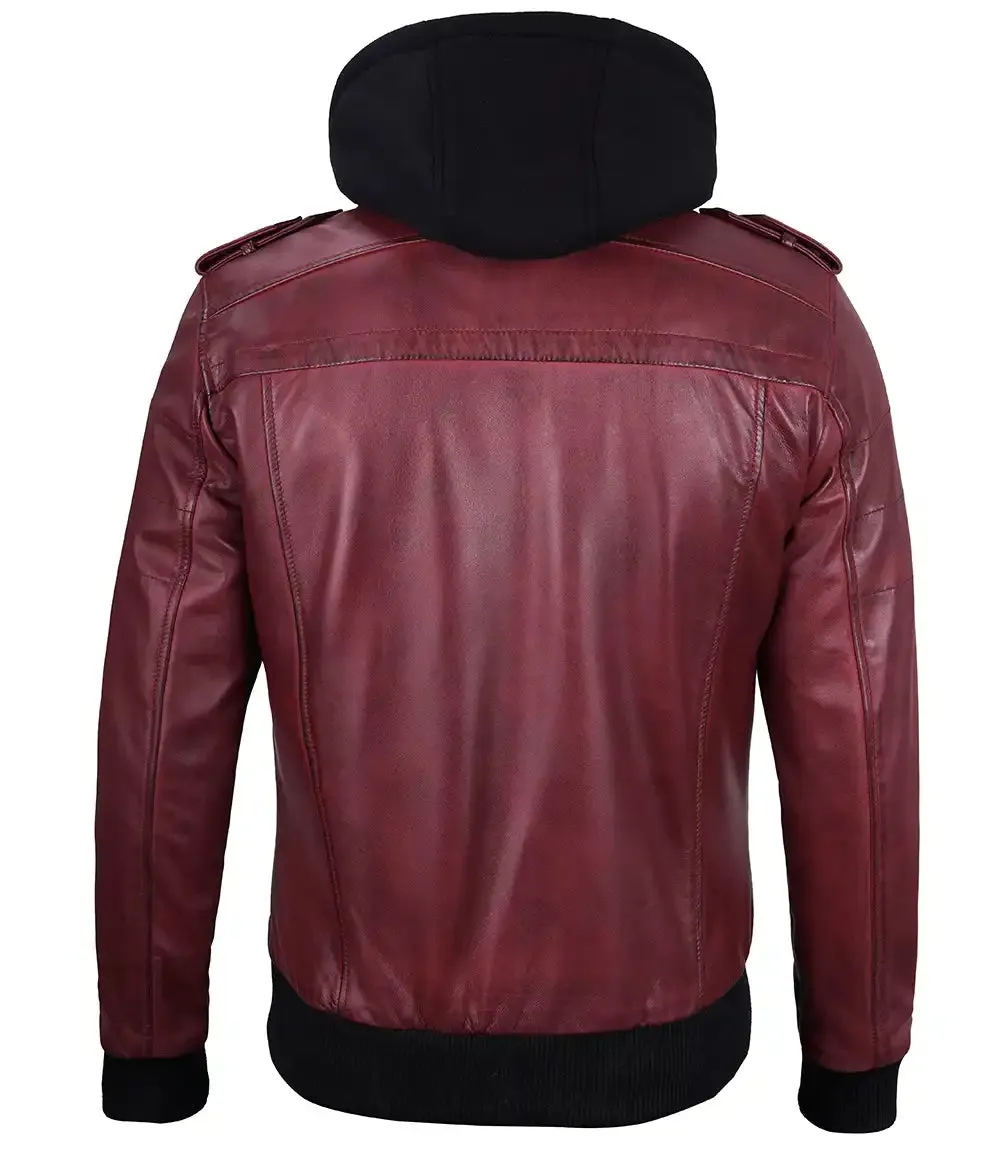 Mens Maroon Leather Jacket with Removable Hood