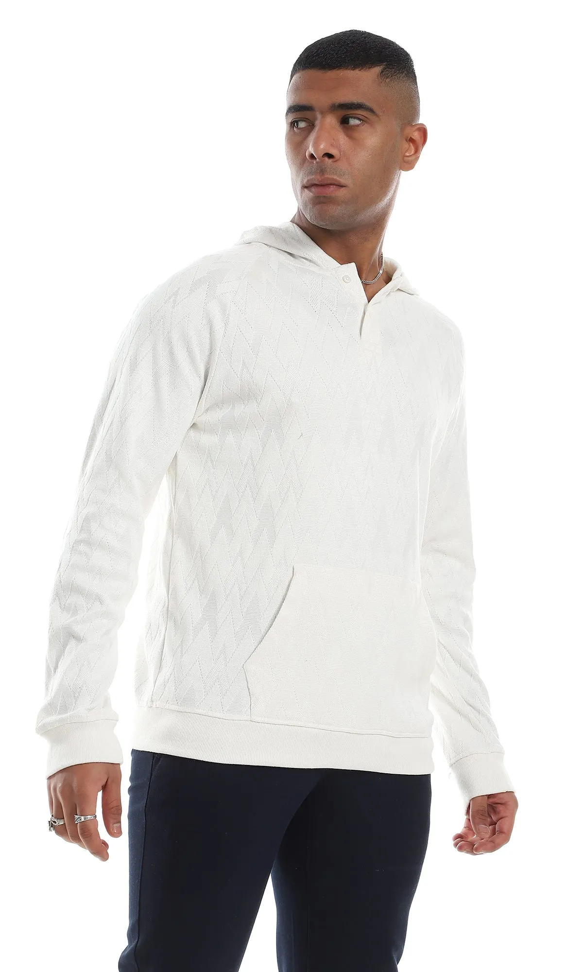 O160527 Kangaroo Pocket Knitted Buttoned Off White Hooded Sweater