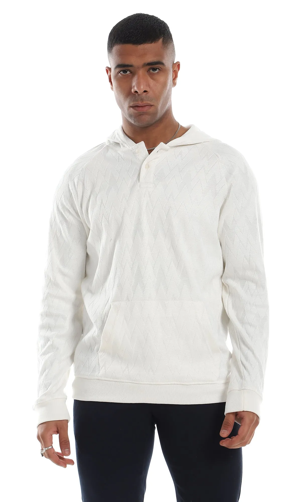 O160527 Kangaroo Pocket Knitted Buttoned Off White Hooded Sweater