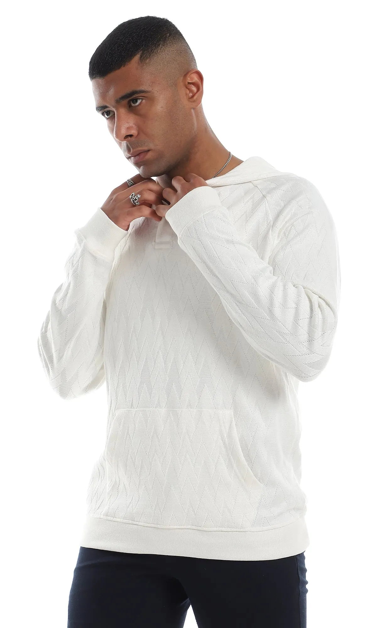 O160527 Kangaroo Pocket Knitted Buttoned Off White Hooded Sweater