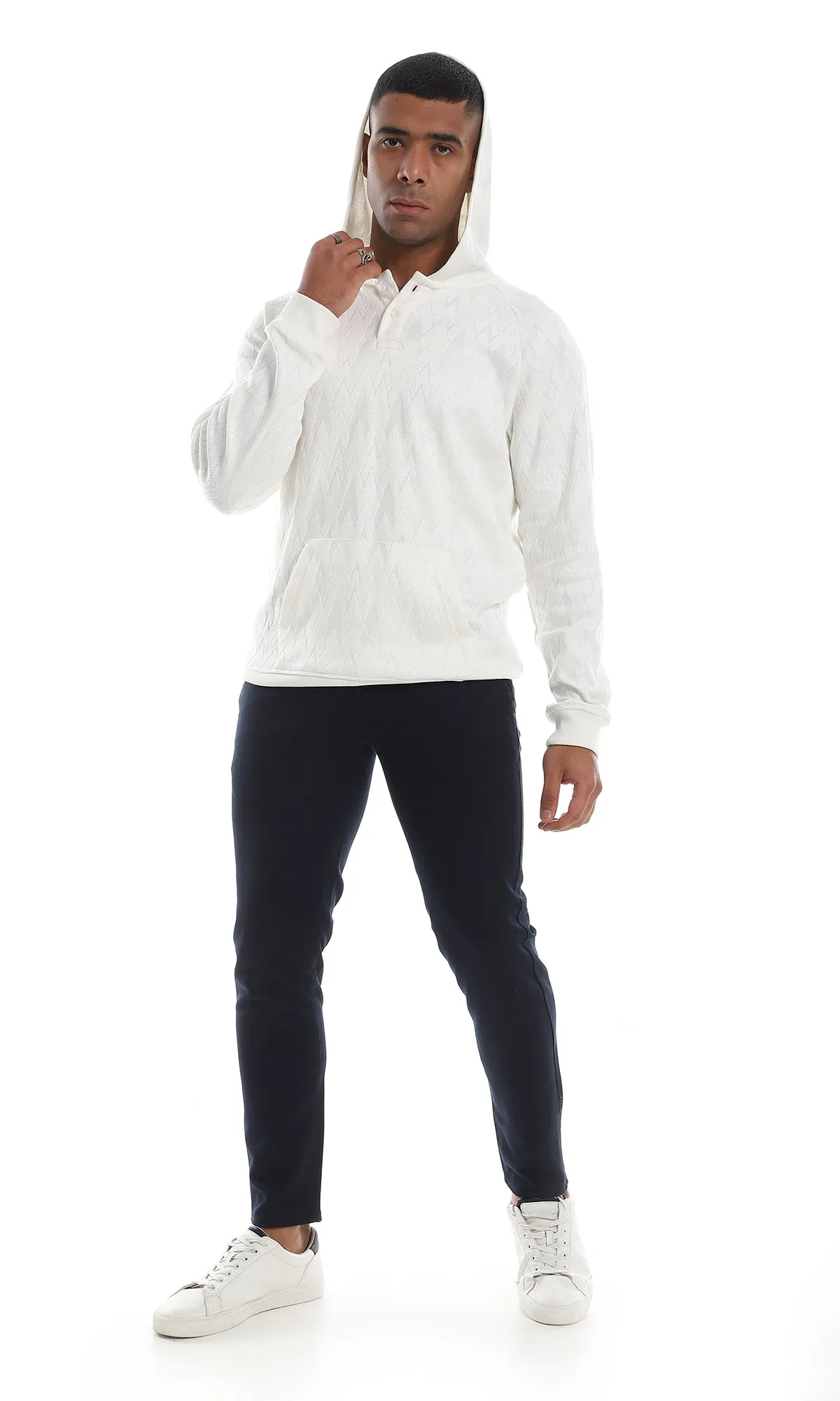 O160527 Kangaroo Pocket Knitted Buttoned Off White Hooded Sweater