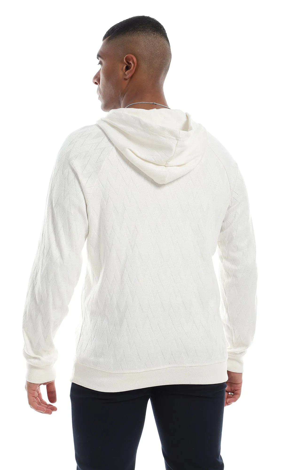 O160527 Kangaroo Pocket Knitted Buttoned Off White Hooded Sweater
