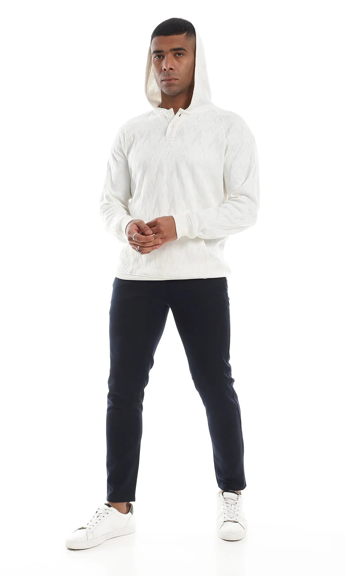 O160527 Kangaroo Pocket Knitted Buttoned Off White Hooded Sweater