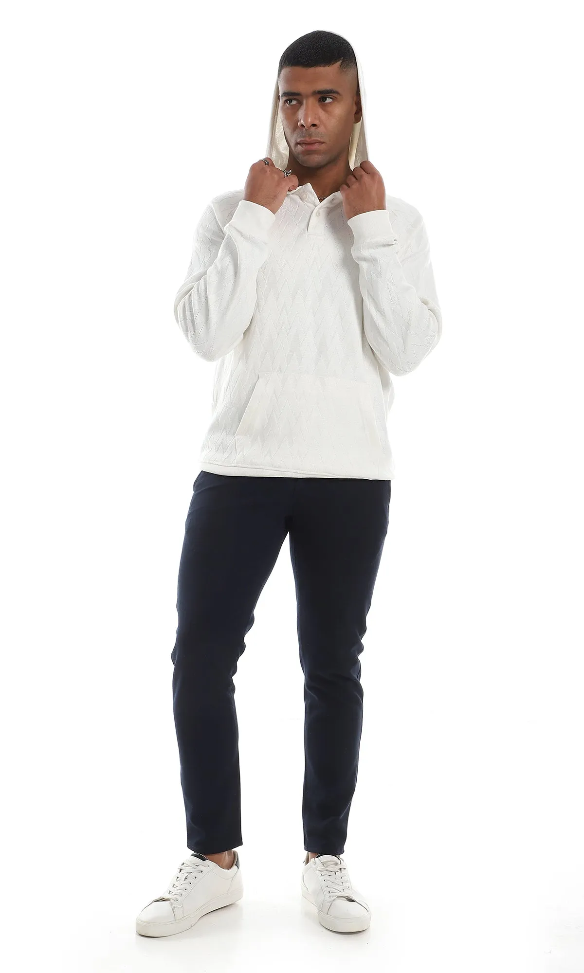 O160527 Kangaroo Pocket Knitted Buttoned Off White Hooded Sweater