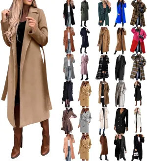 QWENTMTNTY Women's Wool Trench Coats Long Classic Winter Lapel Collar Belted Pea Coats Fashion Loose Wool Peacoat Jackets