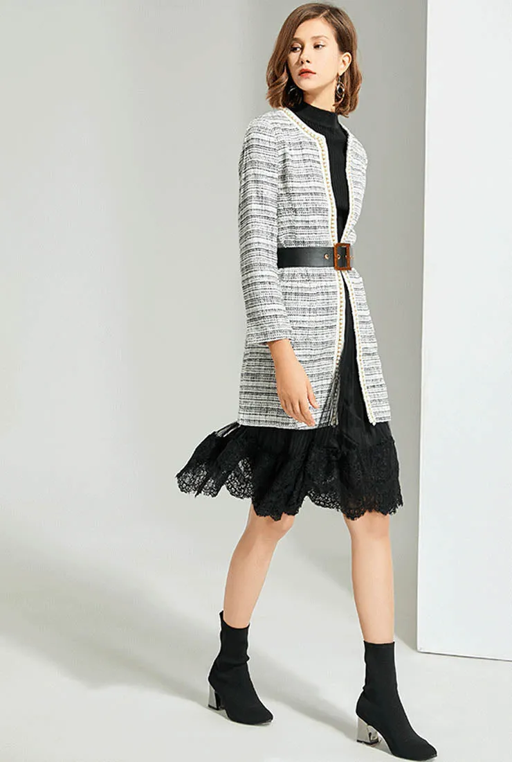 Striped Mid-length Cardigan With Pearl