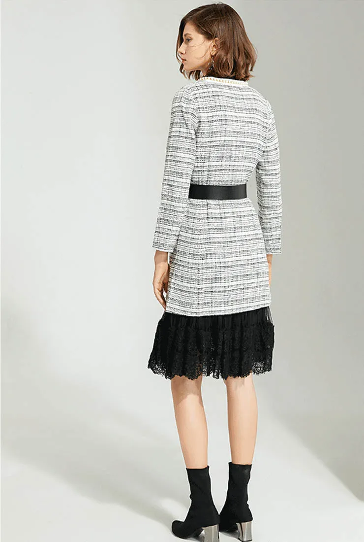 Striped Mid-length Cardigan With Pearl