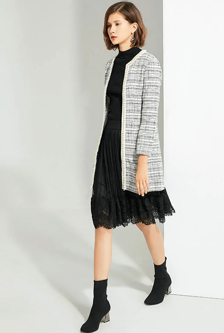 Striped Mid-length Cardigan With Pearl