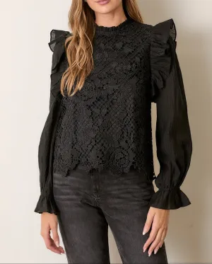 TEXTURED LONG SLEEVE TOP W SHOULDER RUFFLE