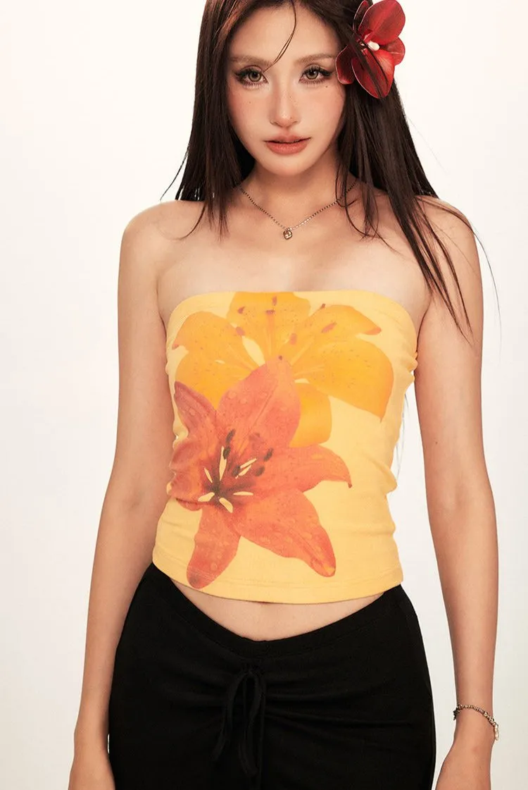Tropical Floral Print Cropped Tube Top
